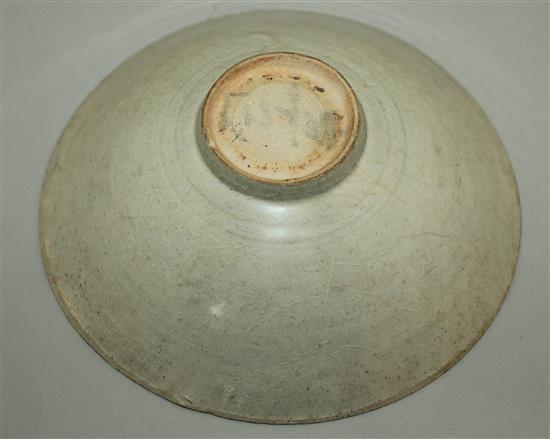 A Chinese Yingqing conical shaped bowl, Song dynasty, 17.5cm, wear to glaze